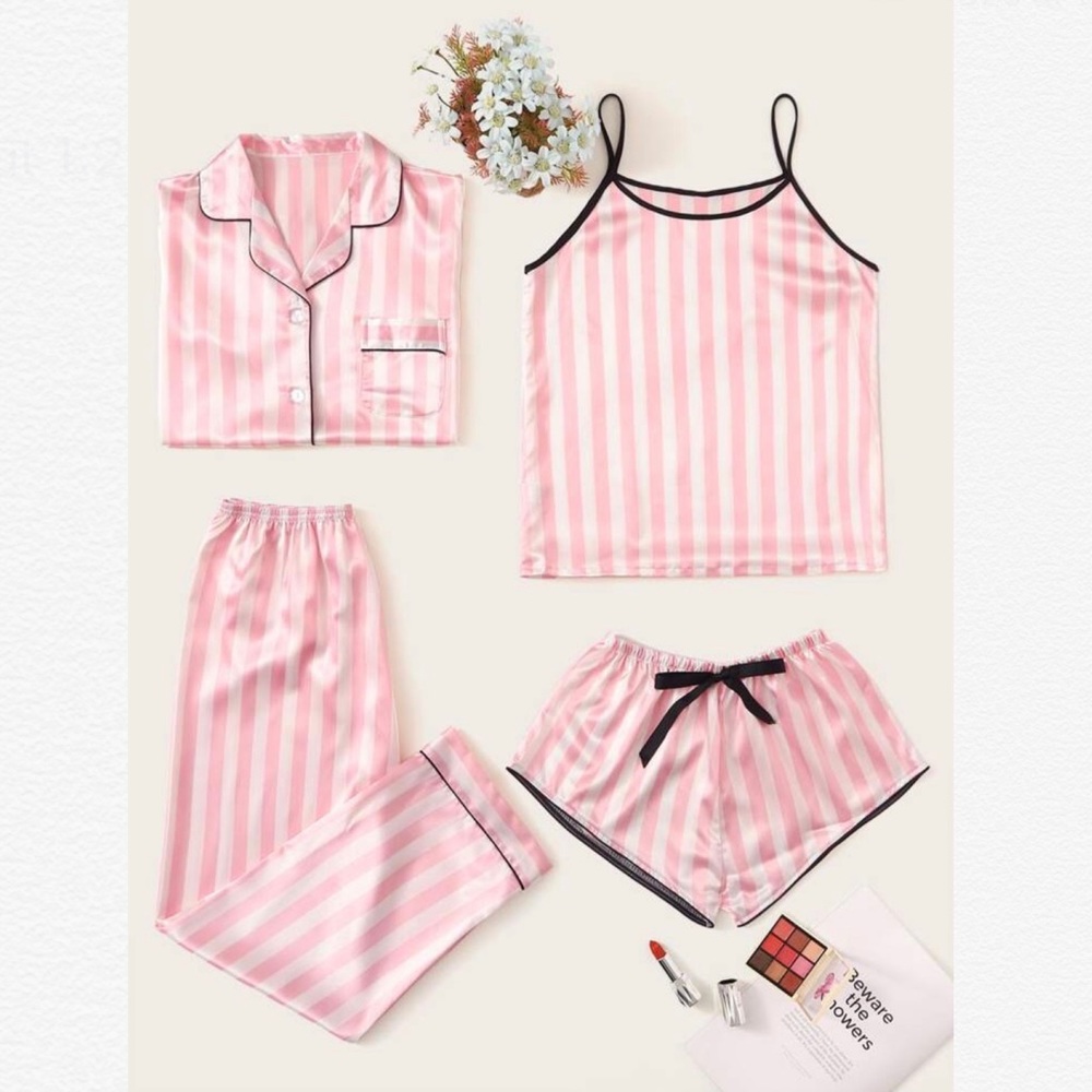 4 Piece Striped Satin Pajama Set